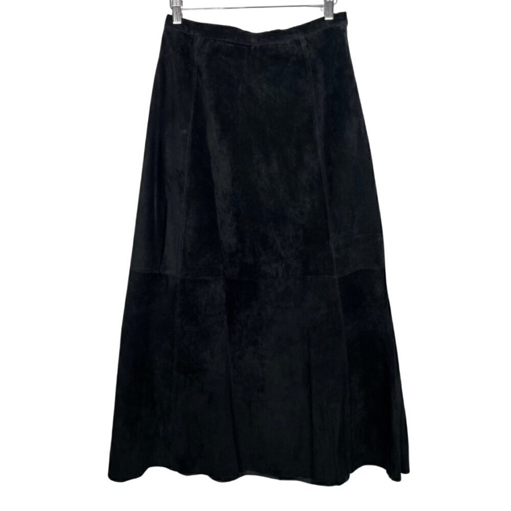 Chico's Size 2 ( Large/ 12) Black Genuine Suede Leather Midi Skirt